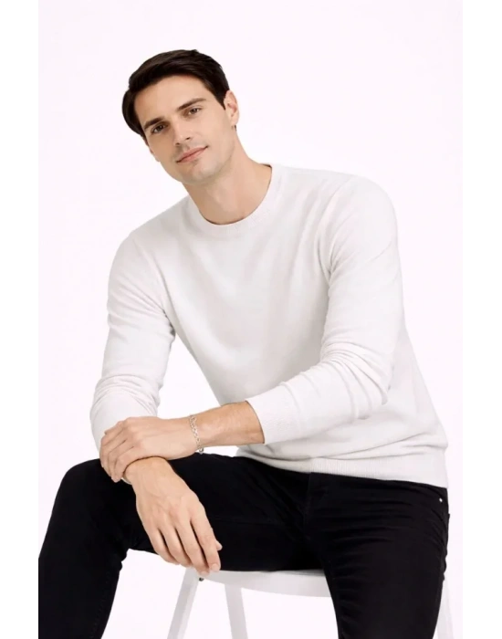 Erkek Bisiklet Yaka Triko Kazak Yumuşak Dokulu Pamuklu Ince Dokuma, Uzun Kollu Rahat Regular Kalıp  Beyaz