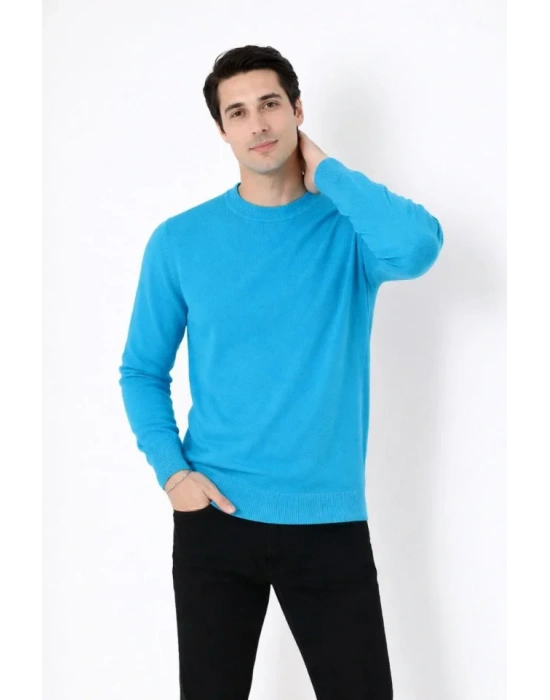 Erkek Bisiklet Yaka Triko Kazak Yumuşak Dokulu Pamuklu Ince Dokuma, Uzun Kollu Rahat Regular Kalıp  Mavi