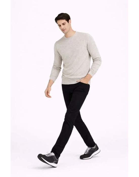 Erkek Bisiklet Yaka Triko Kazak Yumuşak Dokulu Pamuklu Ince Dokuma, Uzun Kollu Rahat Regular Kalıp  Bej