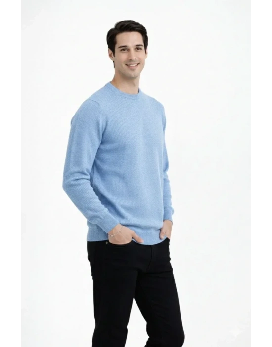 Erkek Bisiklet Yaka Triko Kazak Yumuşak Dokulu Pamuklu Ince Dokuma, Uzun Kollu Rahat Regular Kalıp  Açık avi