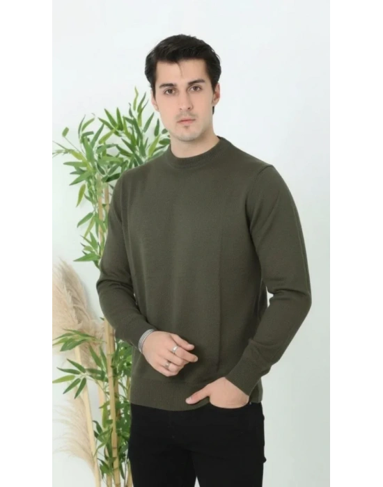 Erkek Bisiklet Yaka Triko Kazak Yumuşak Dokulu Pamuklu Ince Dokuma, Uzun Kollu Rahat Regular Kalıp  Haki