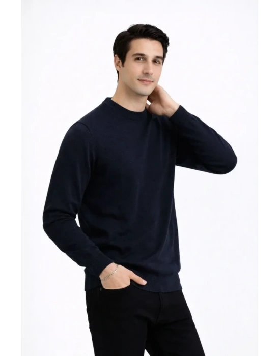 Erkek Bisiklet Yaka Triko Kazak Yumuşak Dokulu Pamuklu Ince Dokuma, Uzun Kollu Rahat Regular Kalıp  Lacivert