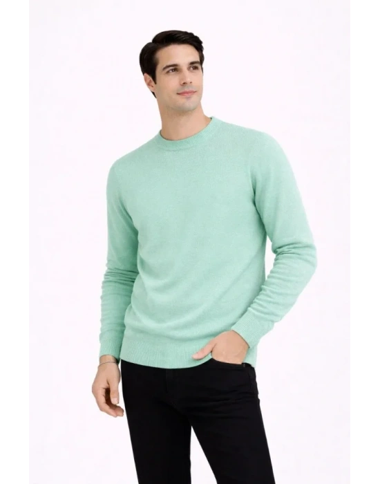 Erkek Bisiklet Yaka Triko Kazak Yumuşak Dokulu Pamuklu Ince Dokuma, Uzun Kollu Rahat Regular Kalıp  Mint Yeşili