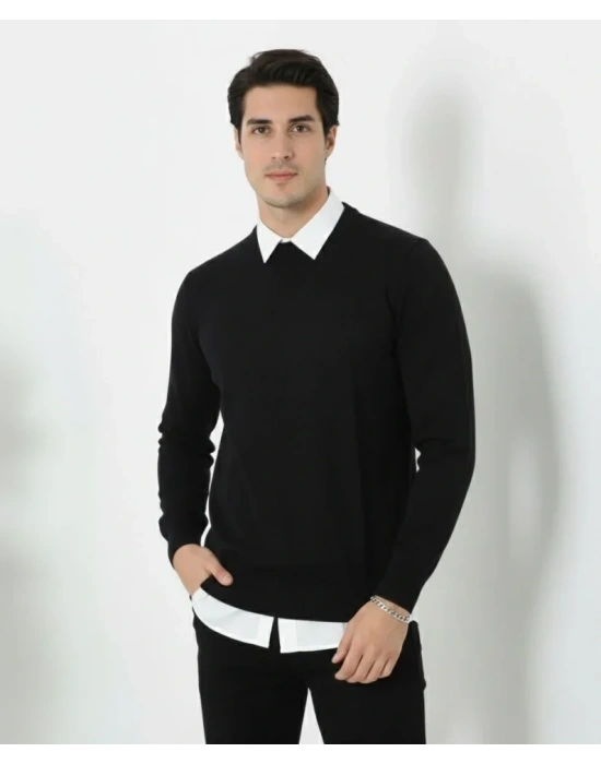 Erkek Bisiklet Yaka Triko Kazak Yumuşak Dokulu Pamuklu Ince Dokuma, Uzun Kollu Rahat Regular Kalıp  Siyah