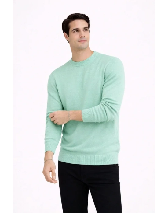 Erkek Bisiklet Yaka Triko Kazak Yumuşak Dokulu Pamuklu Ince Dokuma, Uzun Kollu Rahat Regular Kalıp  Mint Yeşili