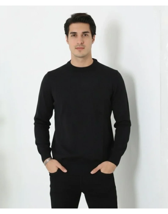 Erkek Bisiklet Yaka Triko Kazak Yumuşak Dokulu Pamuklu Ince Dokuma, Uzun Kollu Rahat Regular Kalıp  Siyah