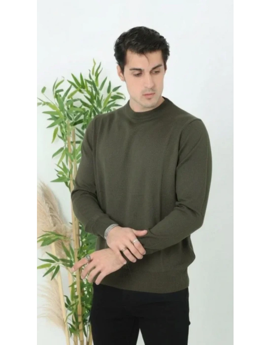 Erkek Bisiklet Yaka Triko Kazak Yumuşak Dokulu Pamuklu Ince Dokuma, Uzun Kollu Rahat Regular Kalıp  Haki