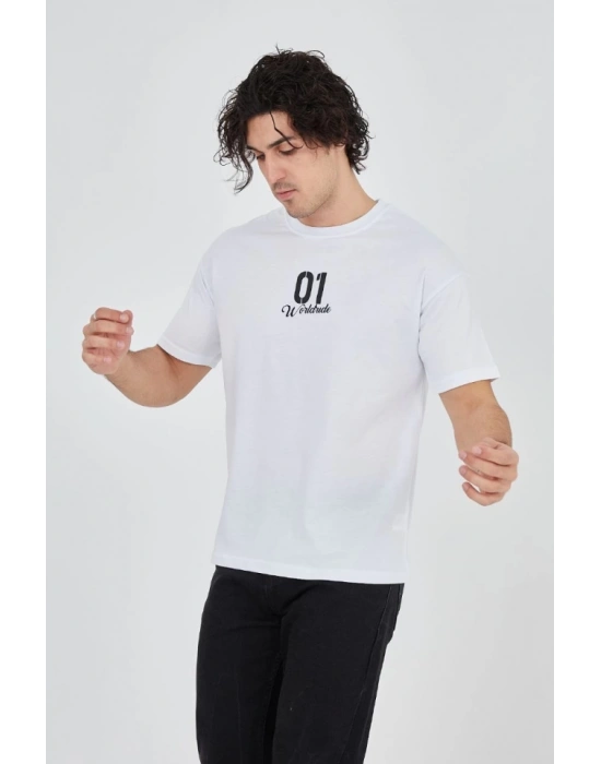 Erkek Bisiklet Yakalı Baskılı Thirt  Beyaz