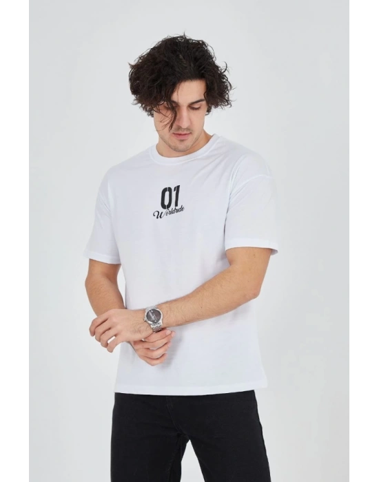 Erkek Bisiklet Yakalı Baskılı Thirt  Beyaz