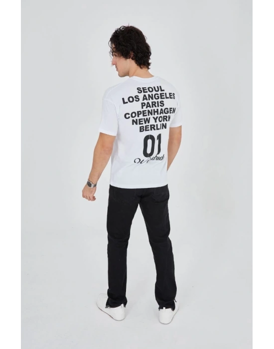 Erkek Bisiklet Yakalı Baskılı Thirt  Beyaz