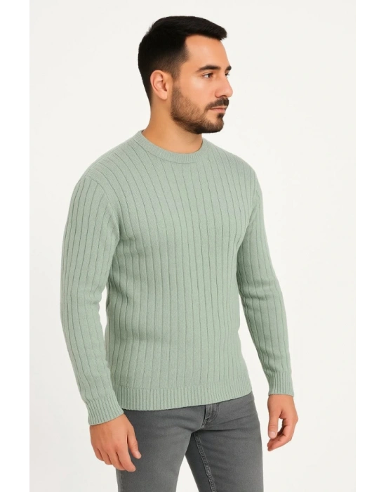 Erkek Bisiklet Yuvarlak Yaka Triko Kazak Pamuklu Kalın Fitilli Dokuma, Regular Fit Uzun Kollu Kışlık odel  int Yeşili