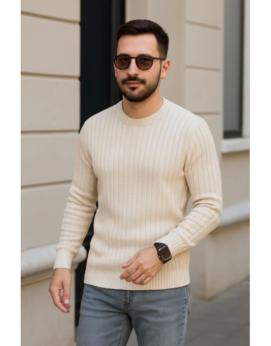Erkek Bisiklet Yuvarlak Yaka Triko Kazak Pamuklu Kalın Fitilli Dokuma, Regular Fit Uzun Kollu Kışlık odel  Bej