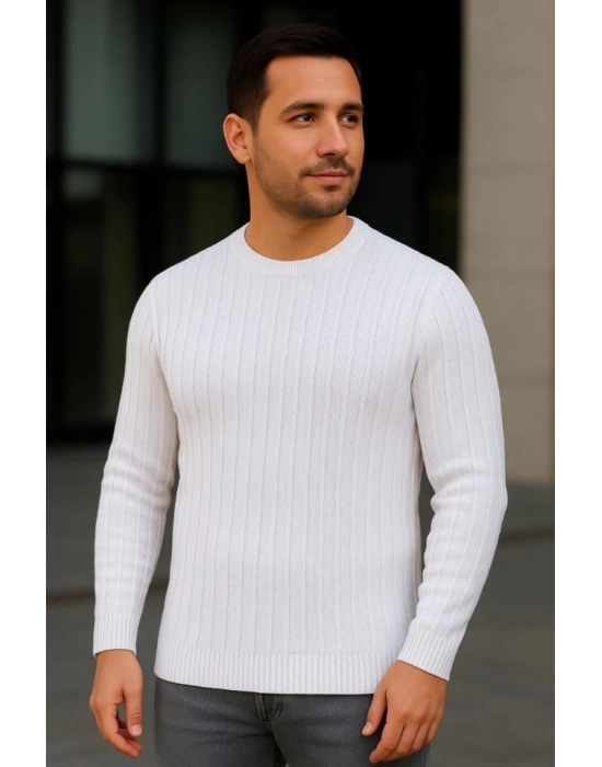 Erkek Bisiklet Yuvarlak Yaka Triko Kazak Pamuklu Kalın Fitilli Dokuma, Regular Fit Uzun Kollu Kışlık odel  Beyaz