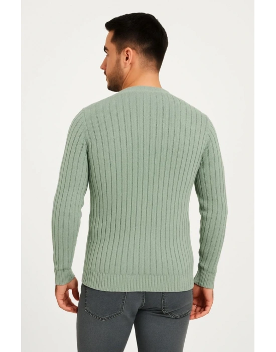 Erkek Bisiklet Yuvarlak Yaka Triko Kazak Pamuklu Kalın Fitilli Dokuma, Regular Fit Uzun Kollu Kışlık odel  int Yeşili