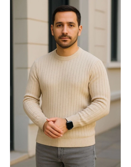 Erkek Bisiklet Yuvarlak Yaka Triko Kazak Pamuklu Kalın Fitilli Dokuma, Regular Fit Uzun Kollu Kışlık odel  Bej