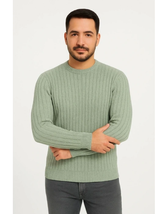 Erkek Bisiklet Yuvarlak Yaka Triko Kazak Pamuklu Kalın Fitilli Dokuma, Regular Fit Uzun Kollu Kışlık odel  int Yeşili