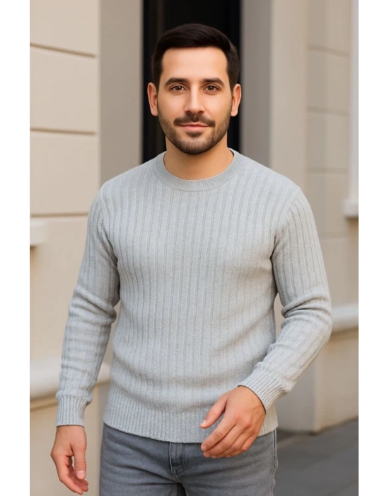 Erkek Bisiklet Yuvarlak Yaka Triko Kazak Pamuklu Kalın Fitilli Dokuma, Regular Fit Uzun Kollu Kışlık odel  Gri