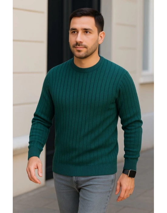 Erkek Bisiklet Yuvarlak Yaka Triko Kazak Pamuklu Kalın Fitilli Dokuma, Regular Fit Uzun Kollu Kışlık odel  Haki