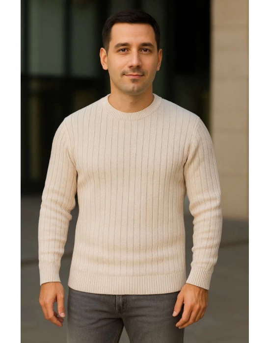 Erkek Bisiklet Yuvarlak Yaka Triko Kazak Pamuklu Kalın Fitilli Dokuma, Regular Fit Uzun Kollu Kışlık odel  Bej