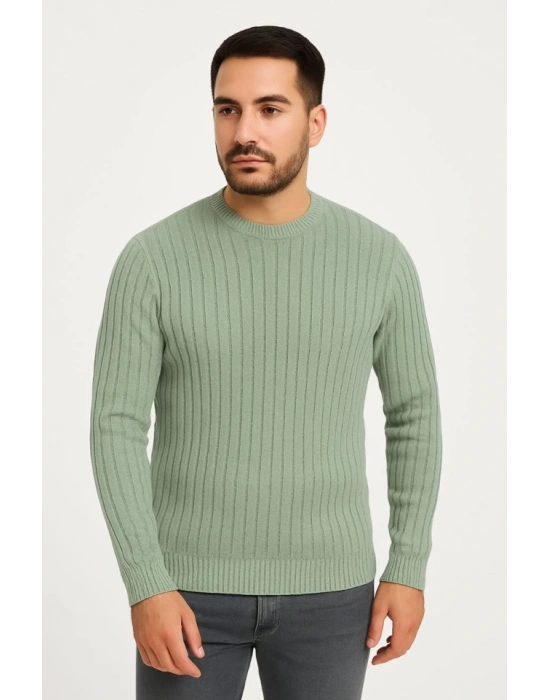 Erkek Bisiklet Yuvarlak Yaka Triko Kazak Pamuklu Kalın Fitilli Dokuma, Regular Fit Uzun Kollu Kışlık odel  int Yeşili