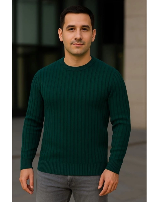 Erkek Bisiklet Yuvarlak Yaka Triko Kazak Pamuklu Kalın Fitilli Dokuma, Regular Fit Uzun Kollu Kışlık odel  Haki