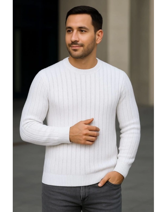 Erkek Bisiklet Yuvarlak Yaka Triko Kazak Pamuklu Kalın Fitilli Dokuma, Regular Fit Uzun Kollu Kışlık odel  Beyaz