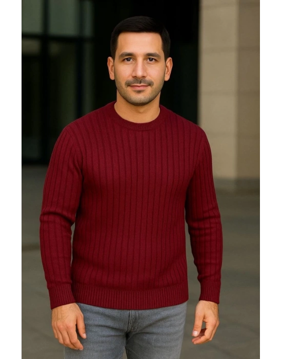 Erkek Bisiklet Yuvarlak Yaka Triko Kazak Pamuklu Kalın Fitilli Dokuma, Regular Fit Uzun Kollu Kışlık odel  Bordo