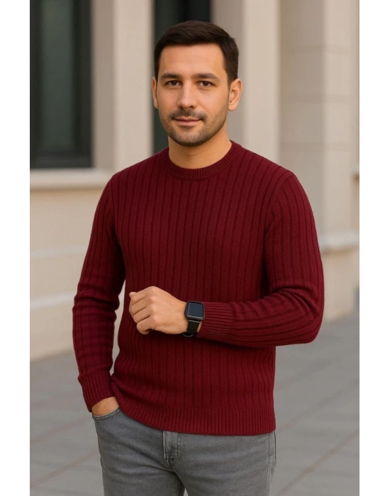 Erkek Bisiklet Yuvarlak Yaka Triko Kazak Pamuklu Kalın Fitilli Dokuma, Regular Fit Uzun Kollu Kışlık odel  Bordo