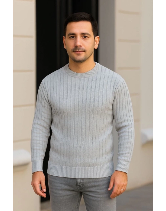 Erkek Bisiklet Yuvarlak Yaka Triko Kazak Pamuklu Kalın Fitilli Dokuma, Regular Fit Uzun Kollu Kışlık odel  Gri