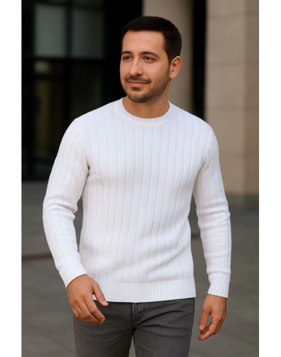 Erkek Bisiklet Yuvarlak Yaka Triko Kazak Pamuklu Kalın Fitilli Dokuma, Regular Fit Uzun Kollu Kışlık odel  Beyaz