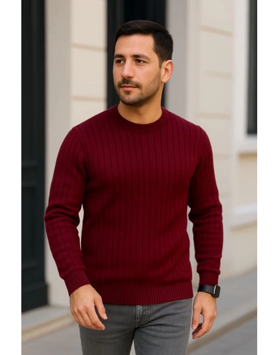 Erkek Bisiklet Yuvarlak Yaka Triko Kazak Pamuklu Kalın Fitilli Dokuma, Regular Fit Uzun Kollu Kışlık odel  Bordo
