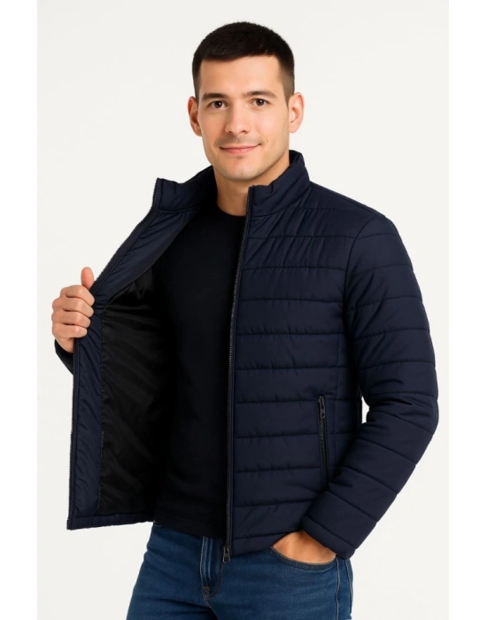 Erkek Bomber ont Ceket – u İtici Kumaş, Kapitone Astarlı, Fermuarlı, Kışlık  acivert