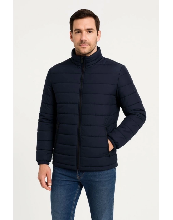 Erkek Bomber ont Ceket–Su İtici Kumaş, Kapitone Astarlı, Fermuarlı, Kışlık  Lacivert