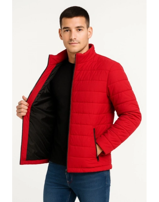 Erkek Bomber ont Ceket – u İtici Kumaş, Kapitone Astarlı, Fermuarlı, Kışlık  Kırmızı