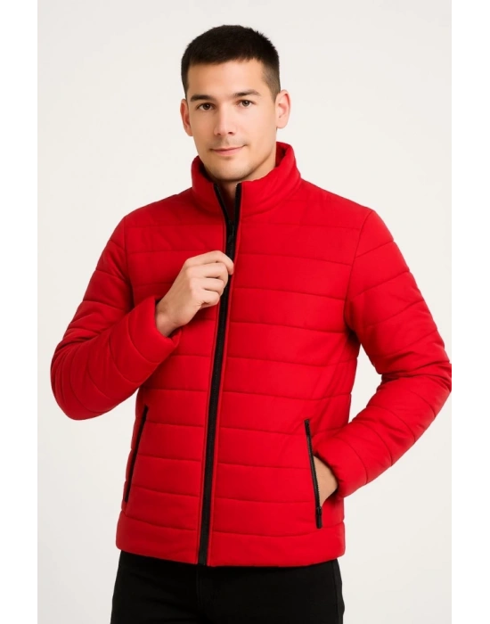Erkek Bomber ont Ceket – u İtici Kumaş, Kapitone Astarlı, Fermuarlı, Kışlık  Kırmızı