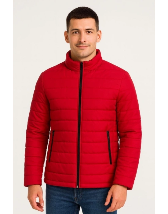 Erkek Bomber ont Ceket – u İtici Kumaş, Kapitone Astarlı, Fermuarlı, Kışlık  Kırmızı