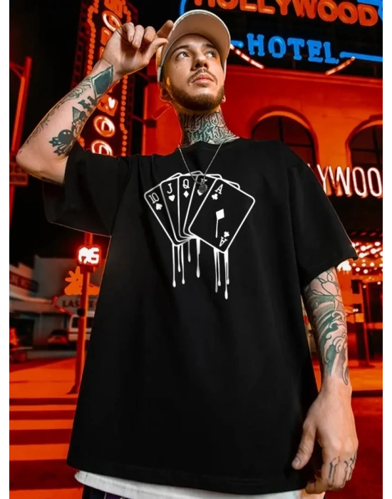 Erkek Büyük Beden Kart Baskılı Düz Renk Kısa Kollu Bisiklet Yaka Tişört Gündelik Giyim  iyah