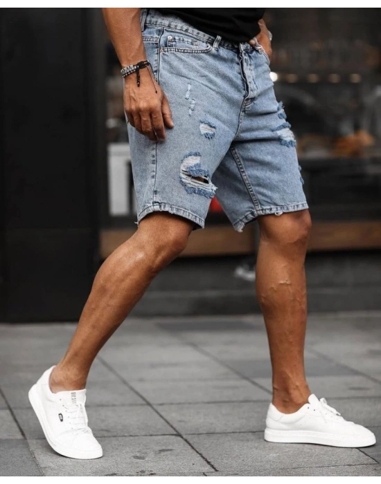 Erkek Buz Mavi Yırtık Detaylı Kot Şort