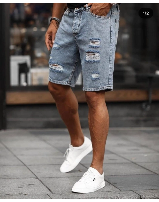 Erkek Buz Mavi Yırtık Detaylı Kot Şort