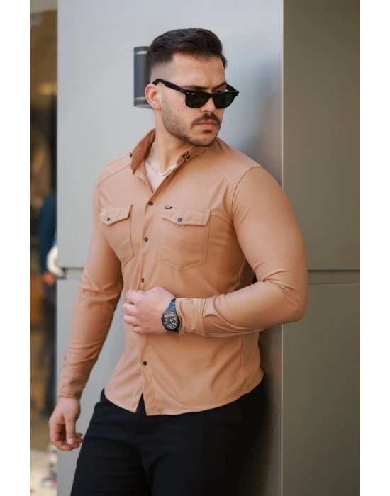Erkek çift Cepli çıtçıt Düğmeli Uzun Kollu Gömlek