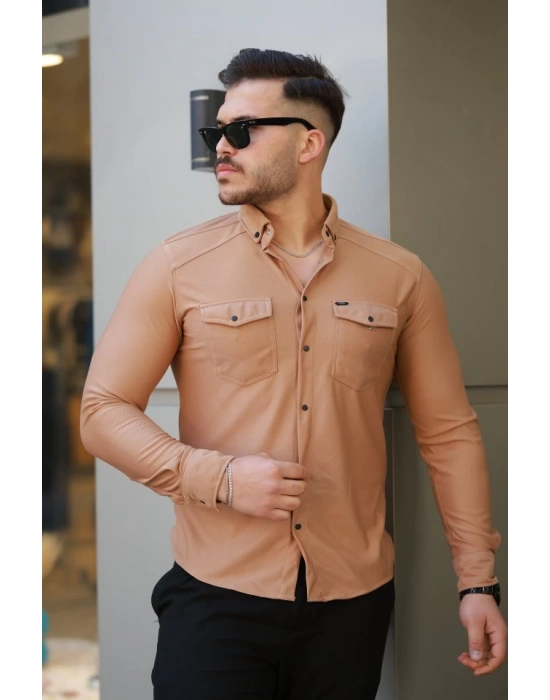 Erkek çift Cepli çıtçıt Düğmeli Uzun Kollu Gömlek