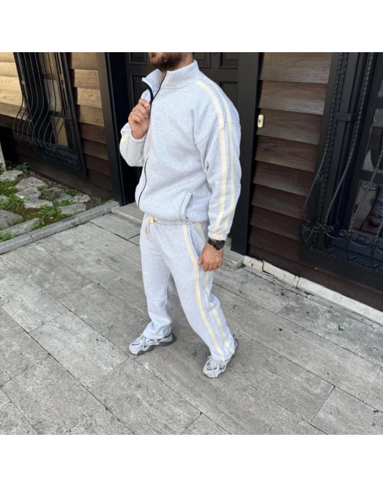Erkek Çift Şeritli Eşofman Takım Dik Yaka Fermuarlı weatshirt Boru Paça Alt, Oversize 3 Iplik Pamuklu  Gri