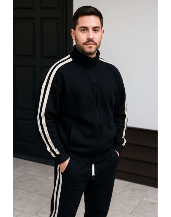 Erkek Çift Şeritli Eşofman Takım Dik Yaka Fermuarlı weatshirt Boru Paça Alt, Oversize 3 Iplik Pamuklu  iyah