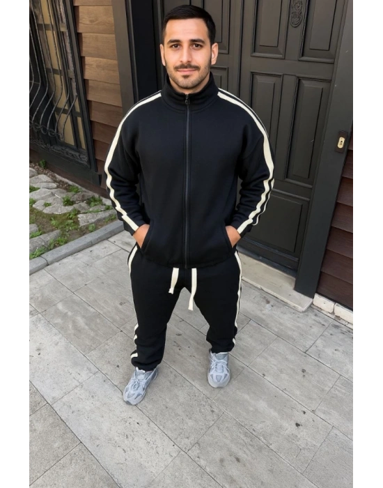 Erkek Çift Şeritli Eşofman Takım Dik Yaka Fermuarlı weatshirt Boru Paça Alt, Oversize 3 Iplik Pamuklu  iyah