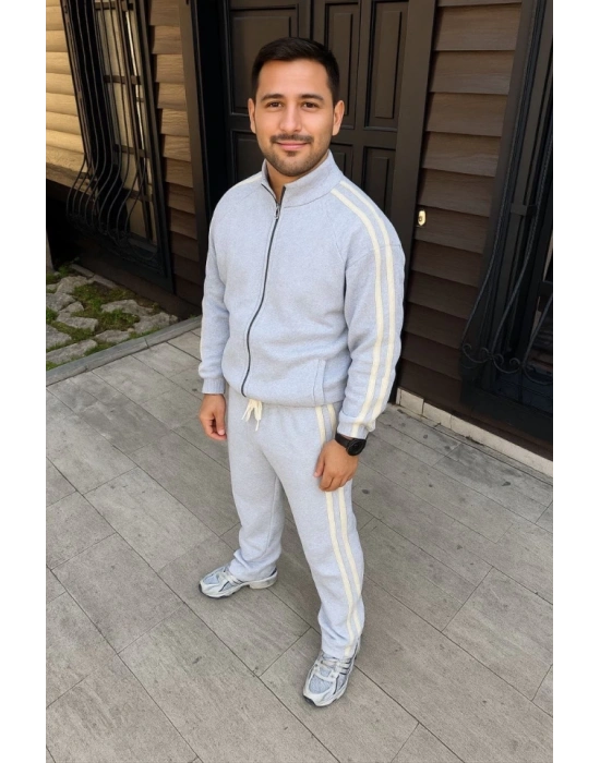 Erkek Çift Şeritli Eşofman Takım Dik Yaka Fermuarlı weatshirt Boru Paça Alt, Oversize 3 Iplik Pamuklu  Gri