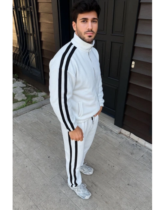 Erkek Çift Şeritli Eşofman Takım Dik Yaka Fermuarlı weatshirt Boru Paça Alt, Oversize 3 Iplik Pamuklu  Beyaz