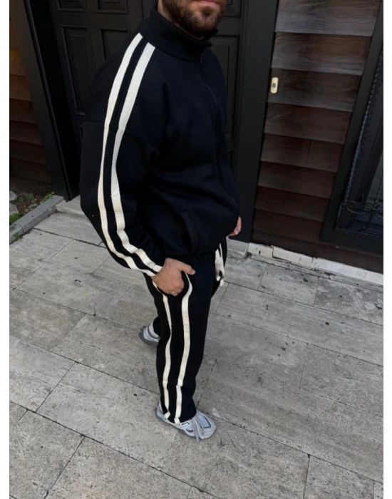 Erkek Çift Şeritli Eşofman Takım Dik Yaka Fermuarlı weatshirt Boru Paça Alt, Oversize 3 Iplik Pamuklu  iyah