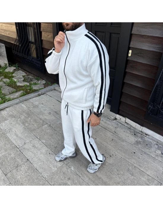 Erkek Çift Şeritli Eşofman Takım Dik Yaka Fermuarlı weatshirt Boru Paça Alt, Oversize 3 Iplik Pamuklu  Beyaz