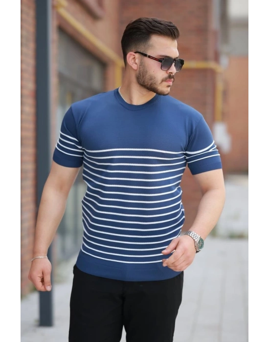 Erkek çizgi Desenli Bisiklet Yaka Kısa Kollu Tsihrt