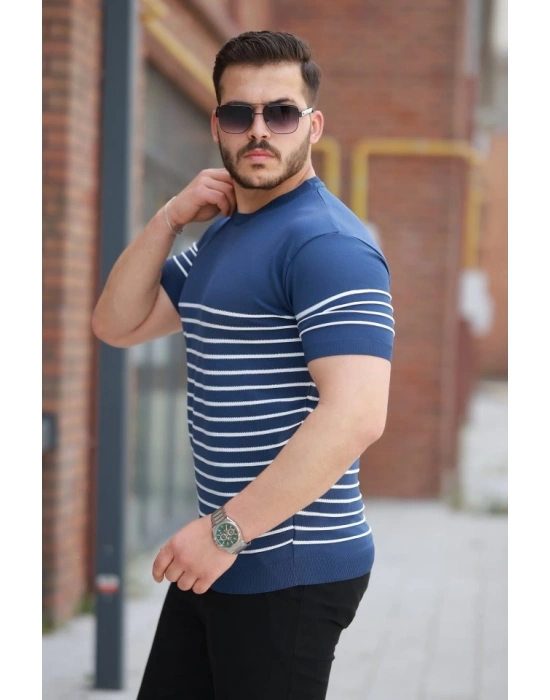 Erkek çizgi Desenli Bisiklet Yaka Kısa Kollu Tsihrt